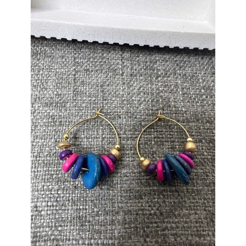 Handmade Beaded Hoop Earrings With Blue & Pink Wood Beads Gold Accents - Picture 2 of 3